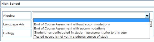 the student Assessments appear for: current grade, previous grade, next grade Complete the assessments