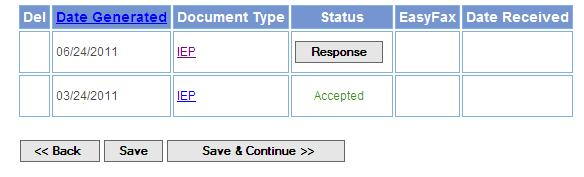 Create IEP Parent Response Click RESPONSE button to add parent response Complete form Click SAVE & CONTINUE The Parent Signing drop down is populated from the Parent Info tab Legal Guardian and