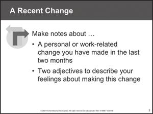 LEADING PEOPLE THROUGH CHANGE Activity 2: Introduction 2. Set Up Introductions large group 2 min. Display visual aid 2 A Recent Change.
