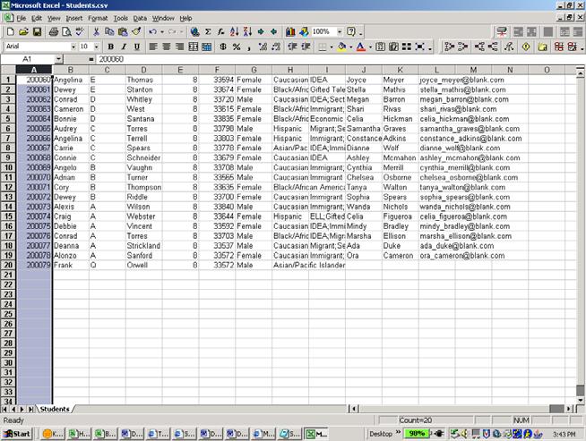 o The wizard disappears and your data now appears in Excel with each column representing a different data