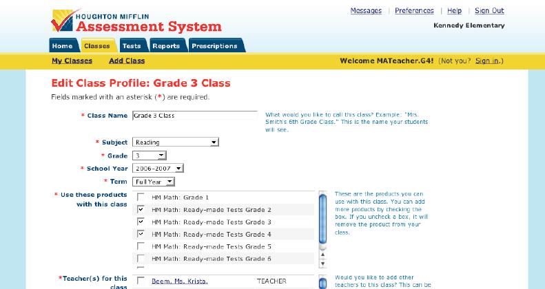o Select the class subject for the class by using the drop-down list.