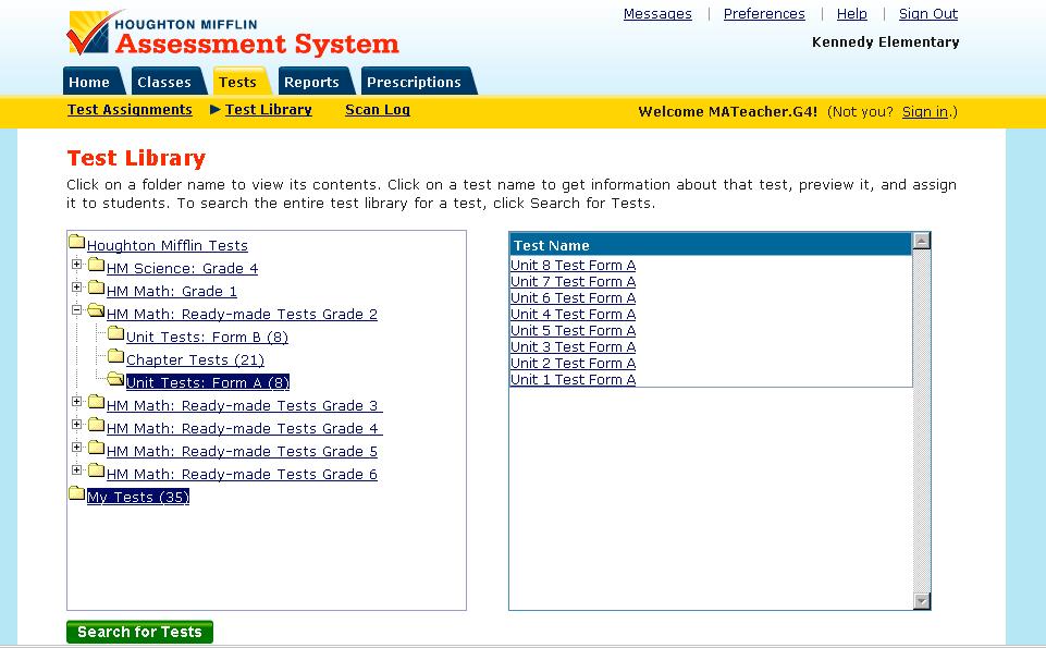 o Click on that product name to see the tests that are available within the HM Online Test Library.