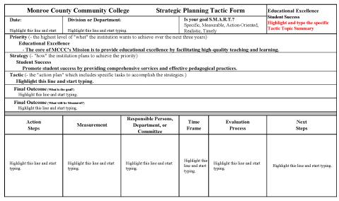 FIGURE 3 MCCC Strategic Planning Tactic Reporting Form (click here to enlarge) Samples of completed tactic reporting forms include: Effectiveness of mathematics developmental education and