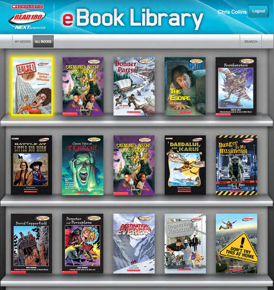 The ebook Library Screen, The ebook Library Screen shows all available books for the student s READ 180 Next Generation stage.