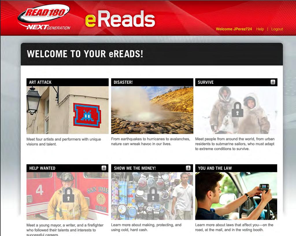 ereads Home Screen Once students log in, the ereads Home Screen appears.