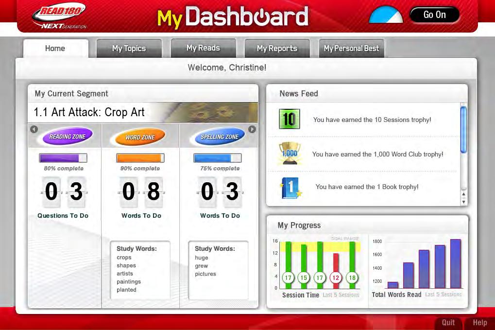 The Student Dashboard Once students are logged in to READ 180 Next Generation, they go directly to the Student Dashboard.