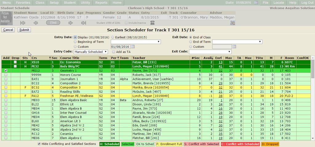 Student Schedules, continued o When in the Scheduling grid: May both add and drop classes. May sort by any column by clicking in the header.