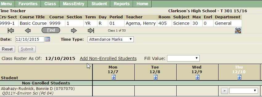 Time Tracker Changed to support adding non-enrolled students even if there are no students enrolled in the class: o Classes which have no enrolled students now appear in the banner.
