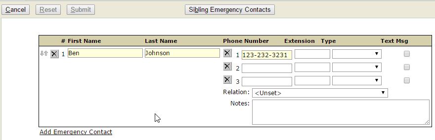 When in Add/Edit mode, a new button for Sibling Emergency Contacts will appear if Siblings exist and enable the user to copy from the Sibling s emergency contact list to the student being edited.