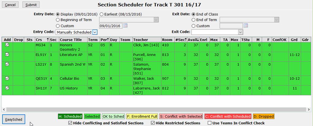 Add display of Grade Restriction and Gender Restriction to Section Scheduler grid.