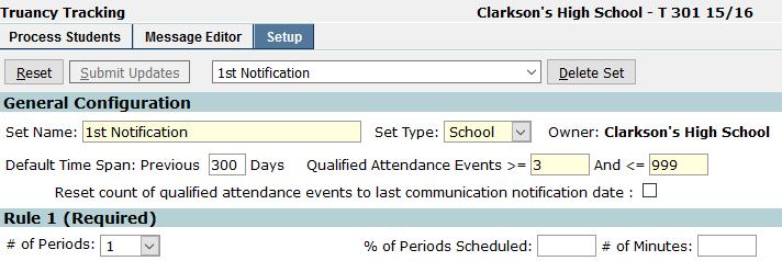 Truancy Tracking Added option Reset count of qualified attendance events to last communication notification date. If left unchecked, the report will behave as it has in the past.