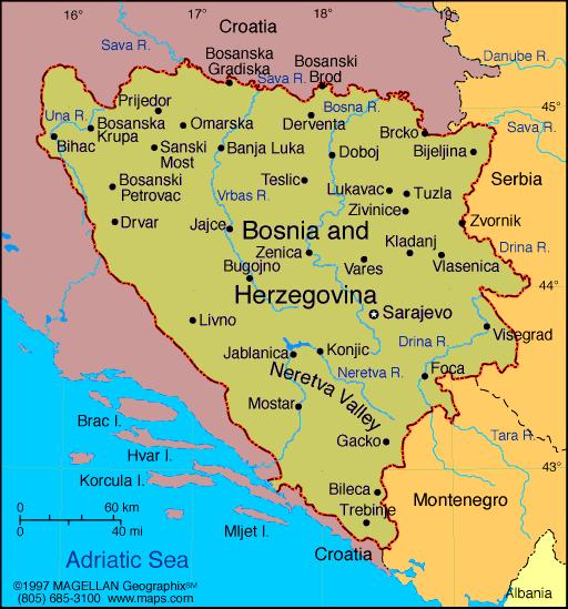 6 PREDSTAVITEV BOSNE IN HERCEGOVINE Slika 6.1: Zemljevid Bosne in Hercegovine Vir: Infoplease (2009). 6.1 Zgodovinski pregled Bosna in Hercegovina ima zelo dolgo zgodovinsko identiteto kot država, katere geopolitična celovitost izhaja že iz srednjega veka.