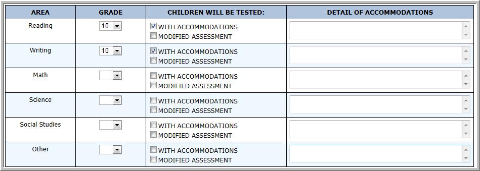 Ohio IEP Part 12 - State and District Wide Testing 75 Test with Accommodations Check Box Yes/No - Yes opens up Accommodations Section illustrated below.