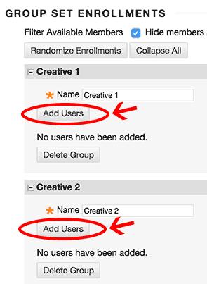 5. On the Edit Group Set Enrollments page, Click I. 7. On Add User window, tick members of Creative 1 group. 8. Repeat Step 5-6 to add members to Creative 2 group. 9.