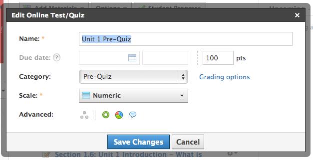1. To edit a quiz, first click on the quiz to open it, then click on the gear icon on the right side of the page and choose Edit. (hint: course page -> materials link in left sidebar.