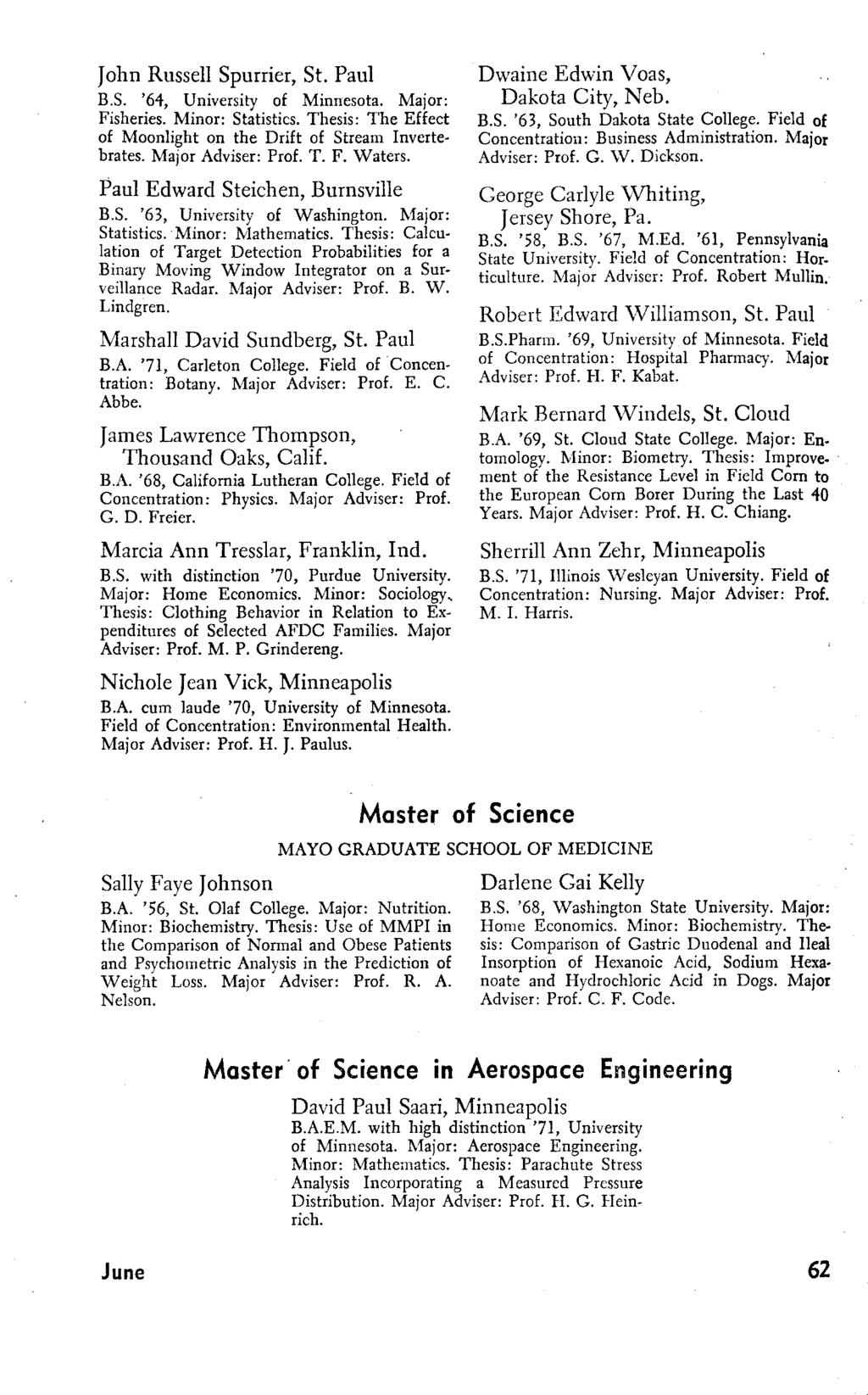 John Russell Spurrier, St. Paul B.S. '64, University of Minnesota. Major: Fisheries. Minor: Statistics. Thesis: The Effect of Moonlight on the Drift of Stream Invertebrates. Major Adviser: Prof. T. F. Waters.
