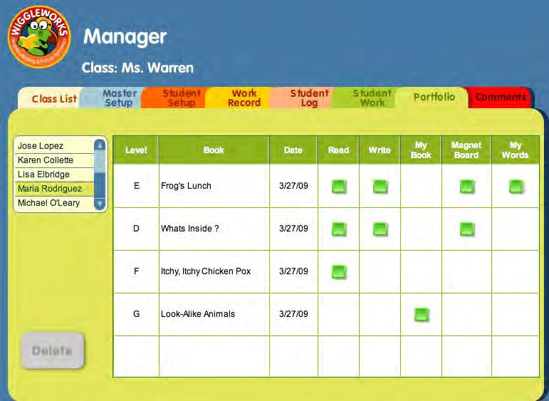 Portfolio The Portfolio section of the WiggleWorks Manager allows teachers to save information that reflects each student s creativity, challenges, and development over a period of time.