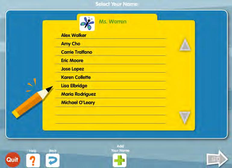 The Select Your Name screen lists every student in the class.