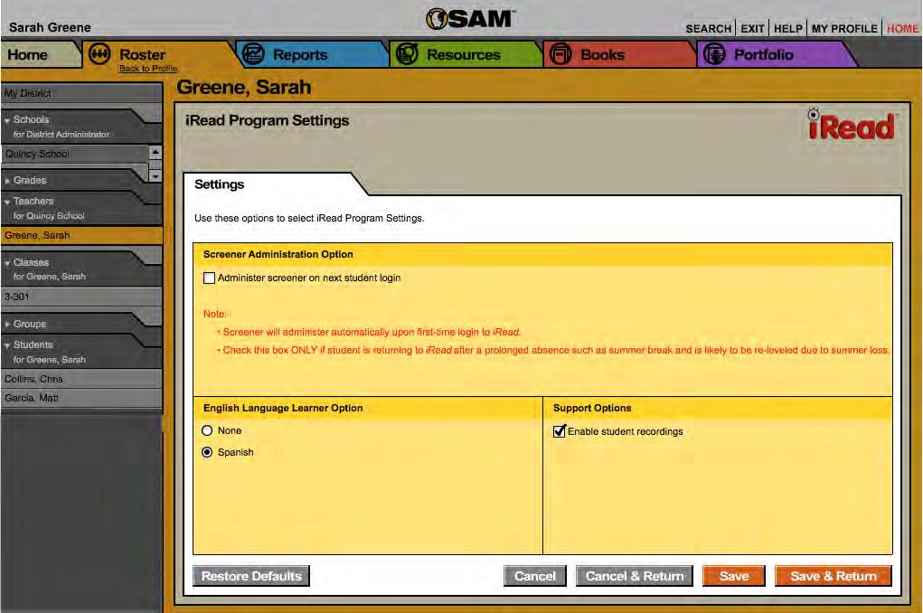 From the Program Settings screen, administrators may set these iread program settings: Screener Administrator Option: Set whether students will have to complete a Screener at their next login.