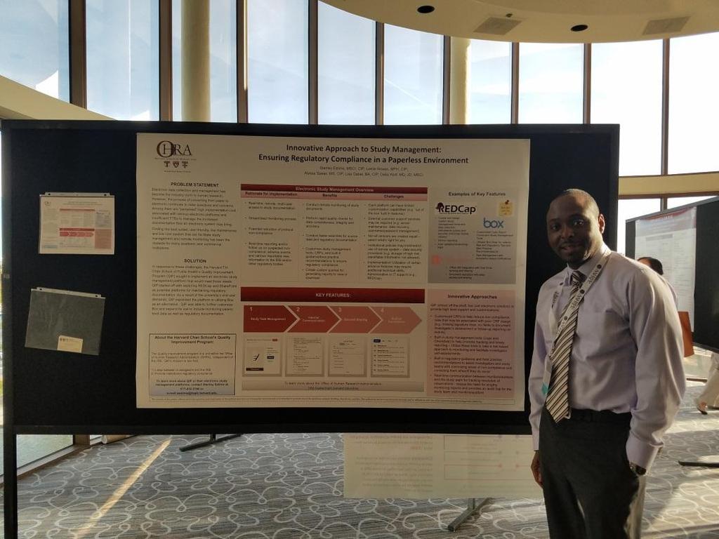 May 2016 Stanley Estime presented Innovative Approach to Study Management: Ensuring Regulatory Compliance in a Paperless Environment poster at the Association for the Accreditation of Human Research
