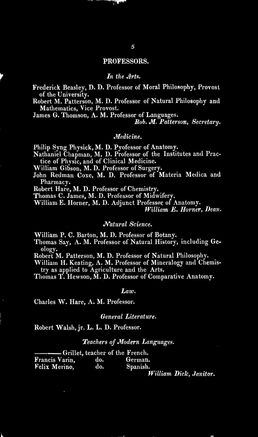 Robert M. Patterson, M. D. Professor of Natural Philosophy. William H. Keating, A. M. Professor of Mineralogy and Chemistry as applied to Agriculture and the Arts. Thomas T. Hewson, M. D. Professor of Comparative Anatomy.