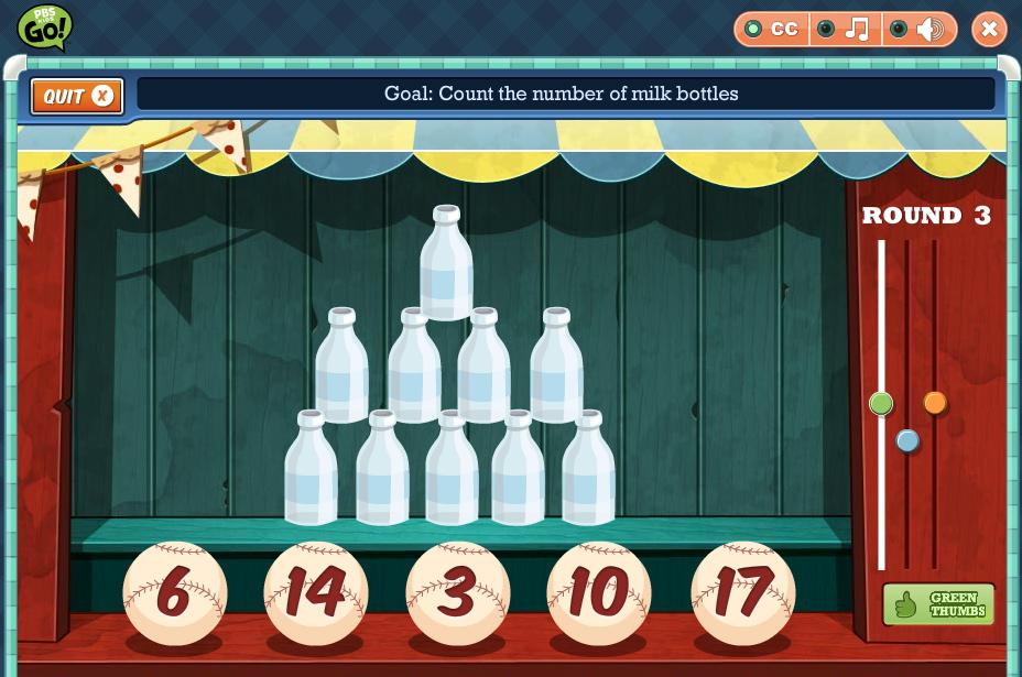 Preview the Game: Milk Bottles Description Children play a carnival game against Fast Food Freddy, determining the total number of milk bottles stacked in two or three rows.