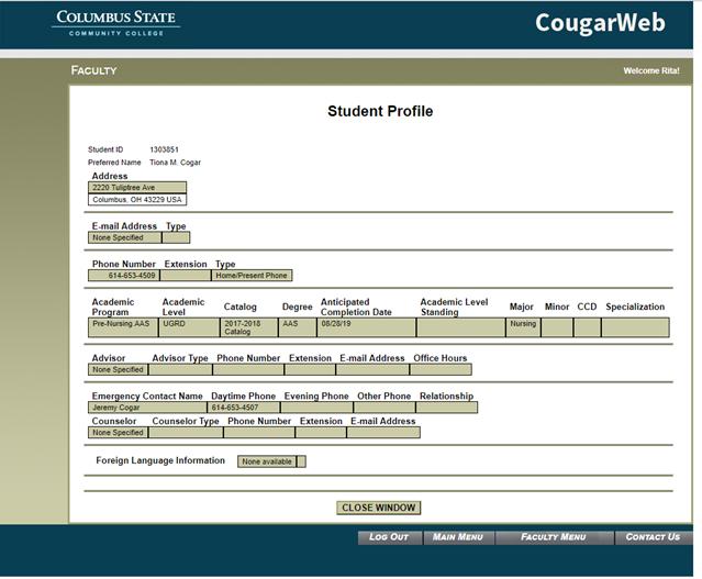 An example of a student profile screen is shown below: NOTE: Advisor and Counselor information is not used.