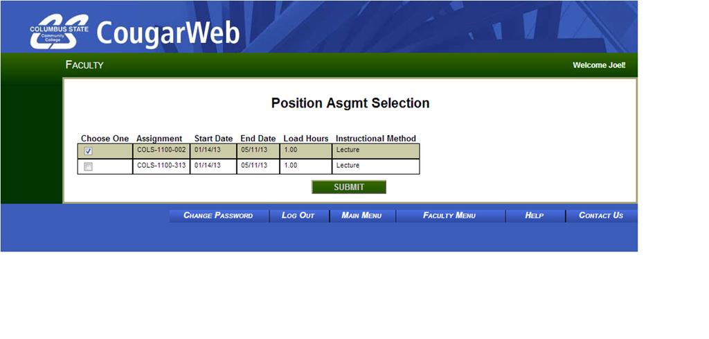 approved assignments: Select the contract to view The following screen appears: To inquire
