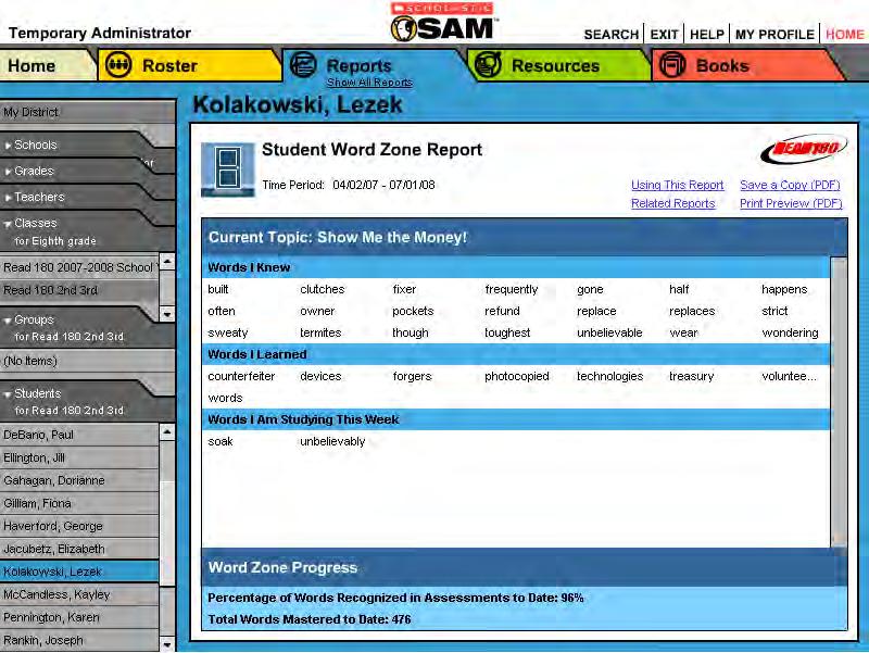 Student Word Zone Report Report Type: School-to-Home Purpose: This report shows a student s progress working on and mastering Study Words in the Word Zone.