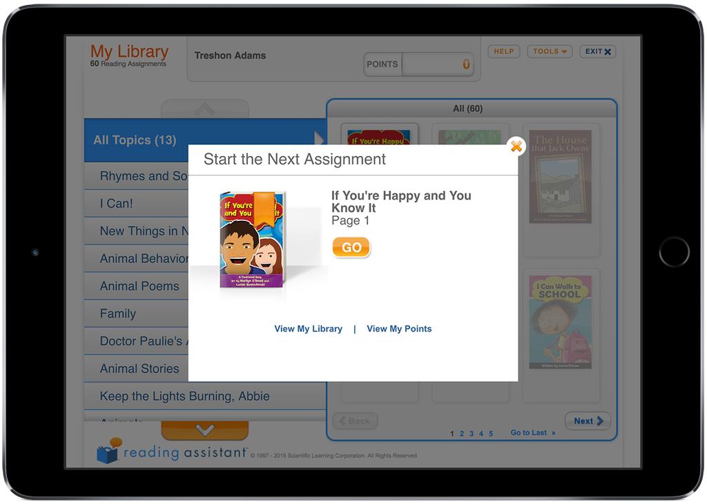 Start Reading Assistant student sessions on ipad 3. Tap the Go button to start working where you last left off.