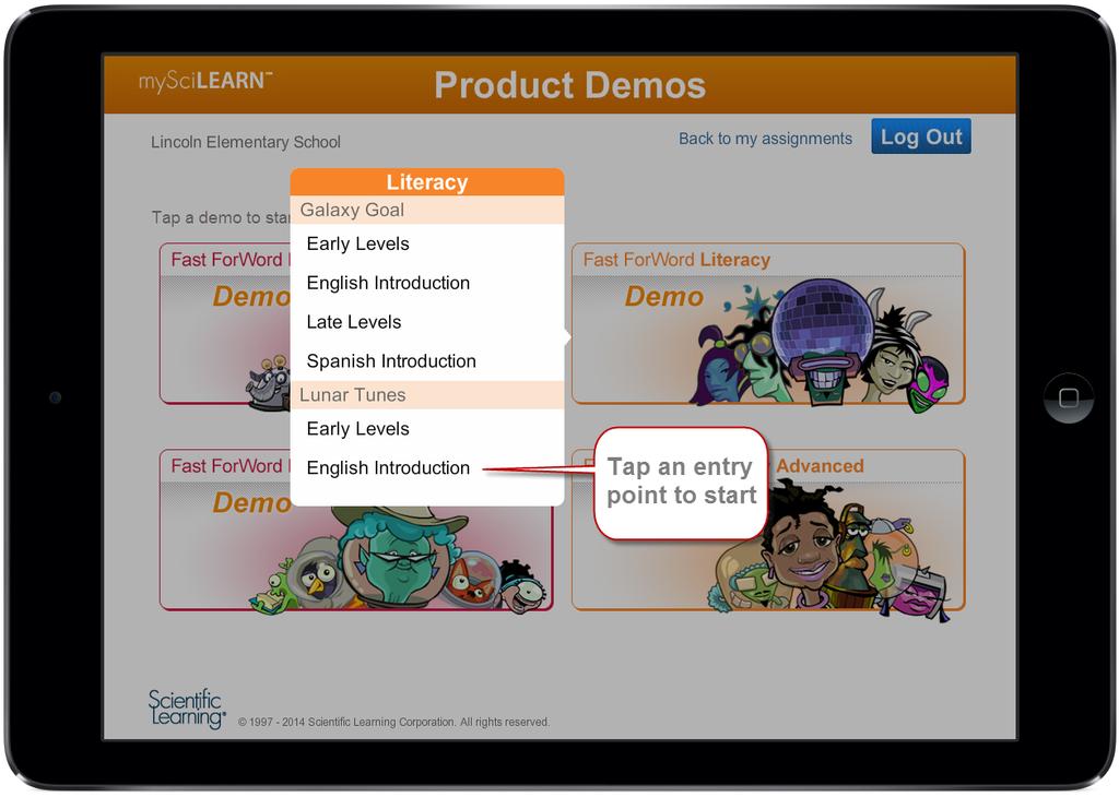 Fast ForWord demos on ipad 5. Work on the Fast ForWord exercise demo. Each demo session has a time limit of 20 minutes, after which the Exercise Selection screen appears.