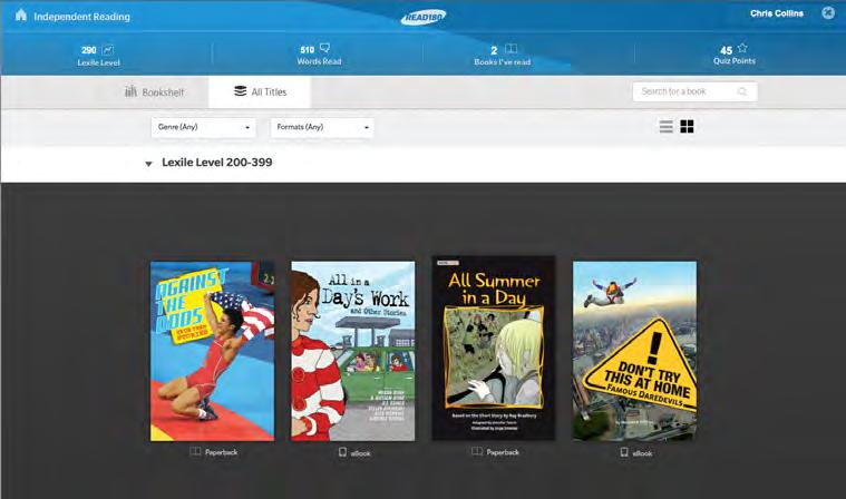 On the All Titles tab, students may view all available titles sorted by Lexile measure. Students may also filter titles by genre and format.