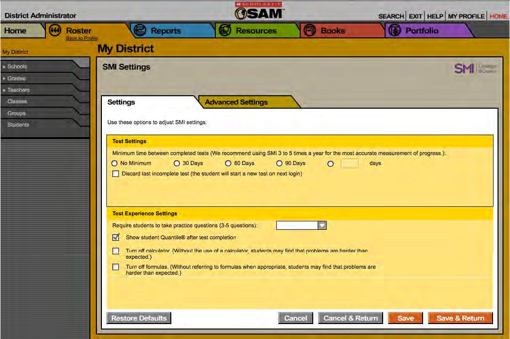 Click the Settings link next to the SMI icon in the Programs menu to access the SMI College & Career Settings Screen.