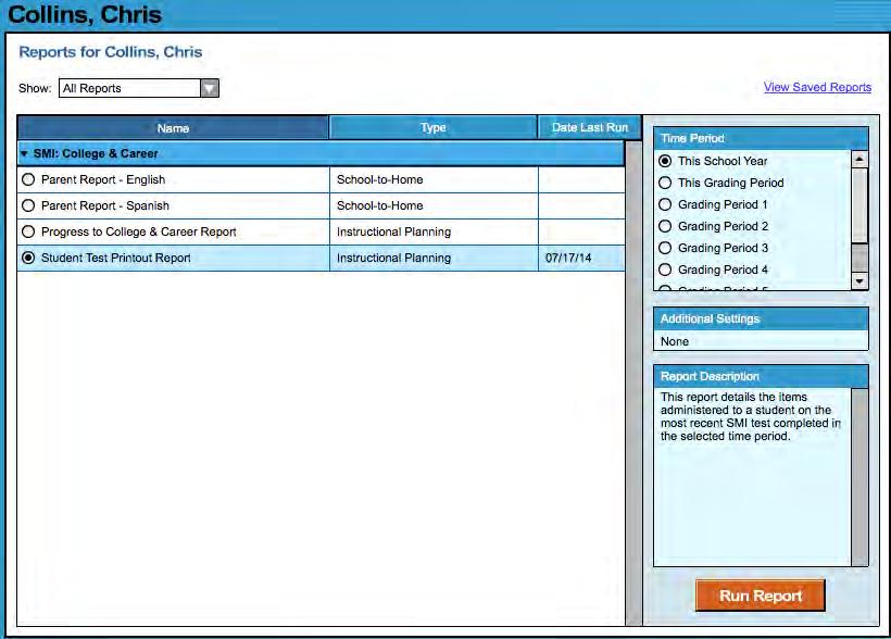 Filter the list by clicking the Show pull-down menu and choosing one of the options: All Reports: Shows the complete list of reports available Multi-Classroom Reports: Shows reports that include data