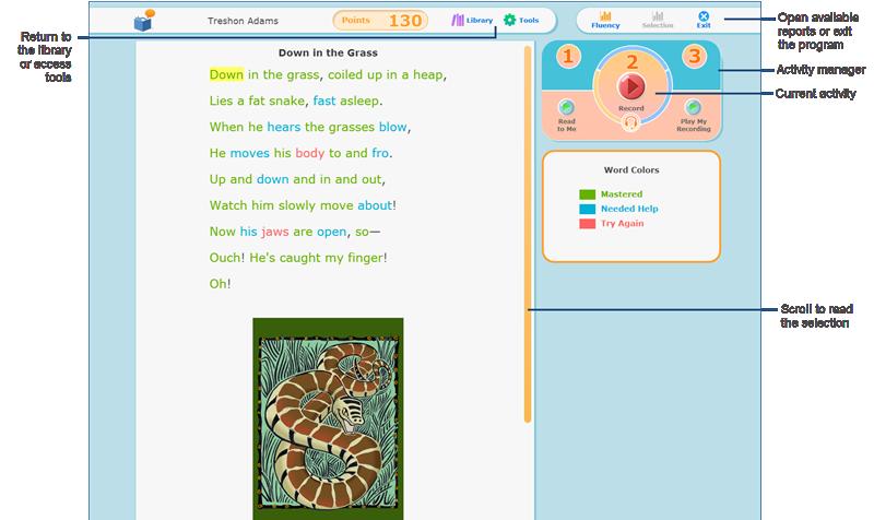 3 Explore Reading Assistant Plus Explore a reading When the student starts working on a selection, the reading screen opens and displays the current activity.