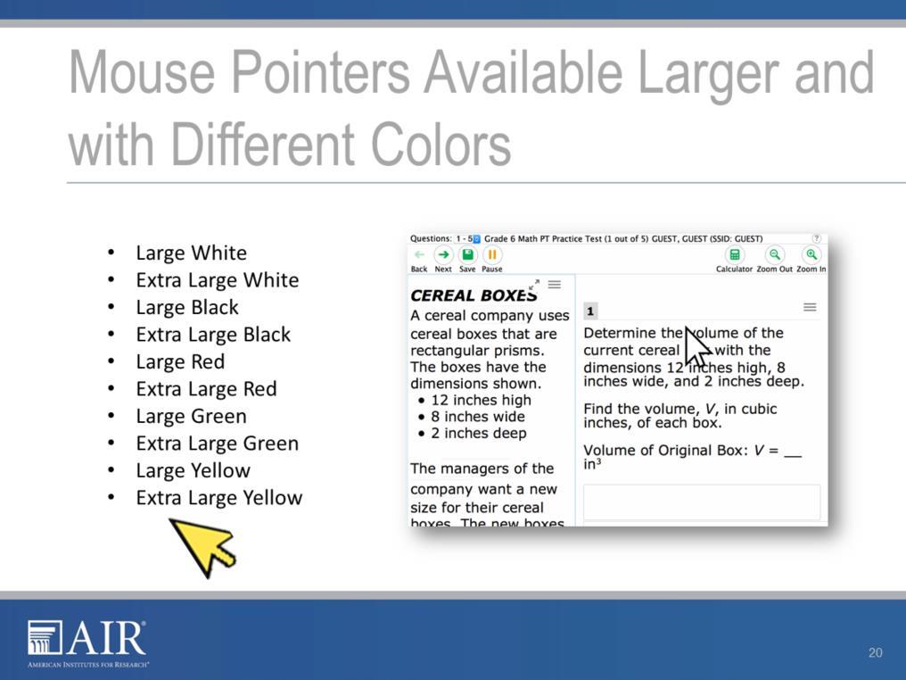 This year, students will have the option to have different colored and sized mouse pointers for online tests.