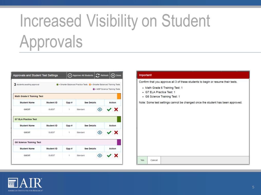 Test Administrators will see students organized according to the subject matter of the assessments they are taking. This slide is an example of how the system will display.