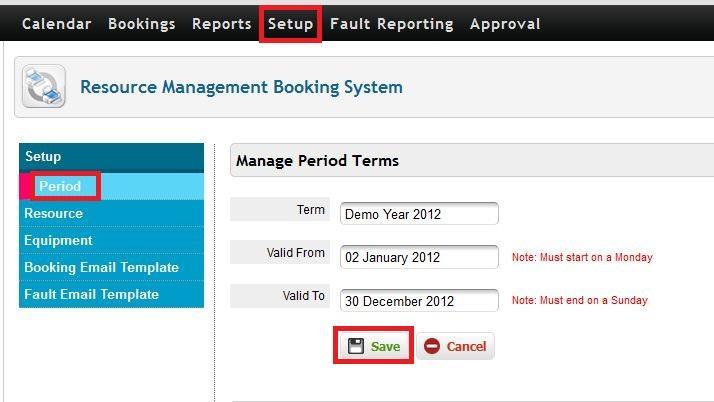 To create a new period, click on Setup and select Period from