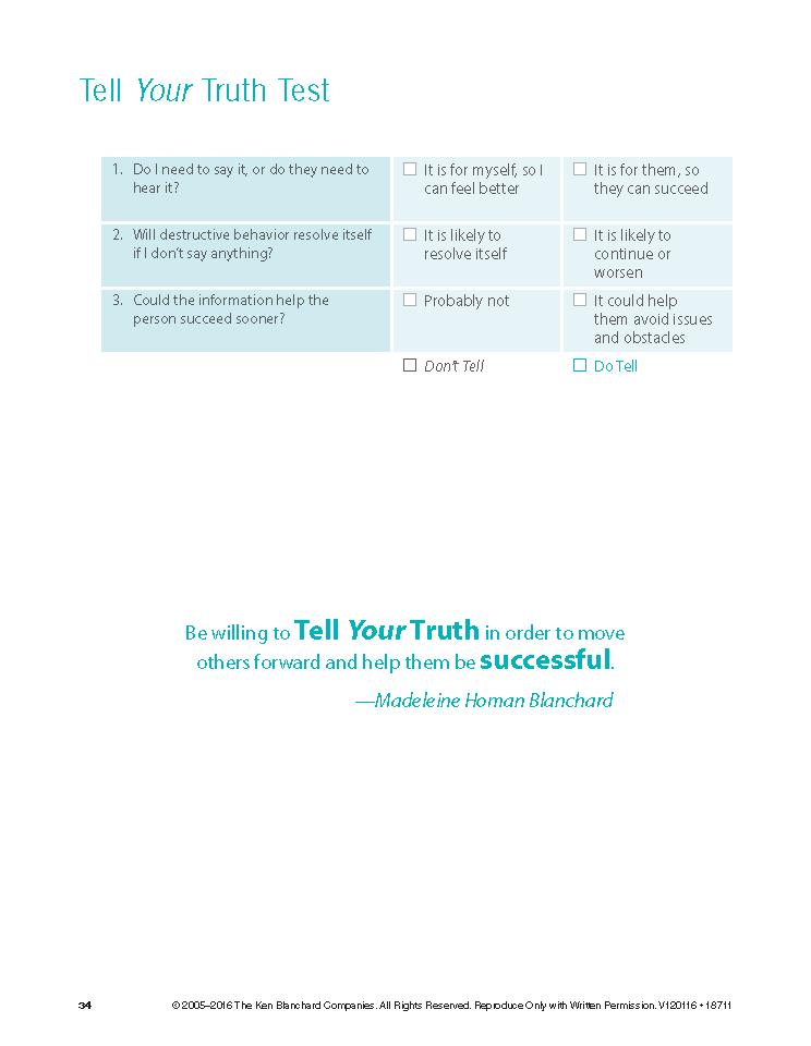 Activity 20 Tell Your Truth Practice Activity Time: 14 minutes Slide Time: 2 minutes PW Page: 34 Start/Stop Time: Slide: 75 Tell Your Truth Test 1. Introduce the decision grid on page 34.