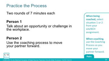 Coaching Essentials Activity 9 Coaching Process Practice Activity Time: 24 minutes Slide Time: 17 minutes PW Page: 14 Start/Stop Time: Slide: 34 Practice the Process 1. Set up the activity.