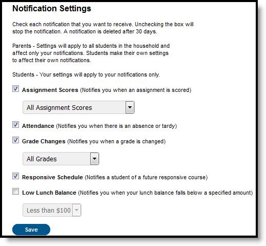 Portal Notification Settings You won't receive notifications if any of these tools have been turned off by your district.