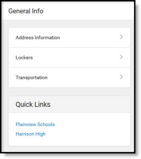 The Schedule tool shows the student's schedule for each term, including any day rotations. Schedules are shown for all the whole year, all terms, and all of the student's enrollments.