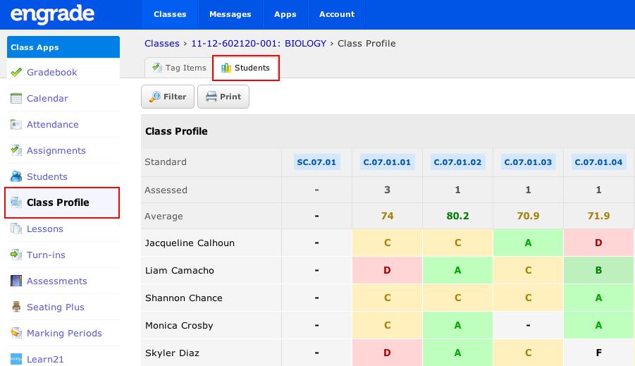 ASSESSING STUDENT PERFORMANCE 1. Choose Class Profile on the left side of the screen. 2.