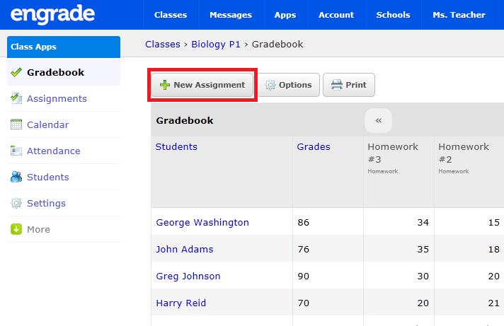 ADDING ASSIGNMENTS 1. From the Gradebook page, click the New Assignment button in the upper left corner of the page: 2.