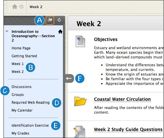 THE COURSE MENU The panel on the left side of the interface contains links to all course content, such as content areas, individual tools, web links, course links, and module pages.