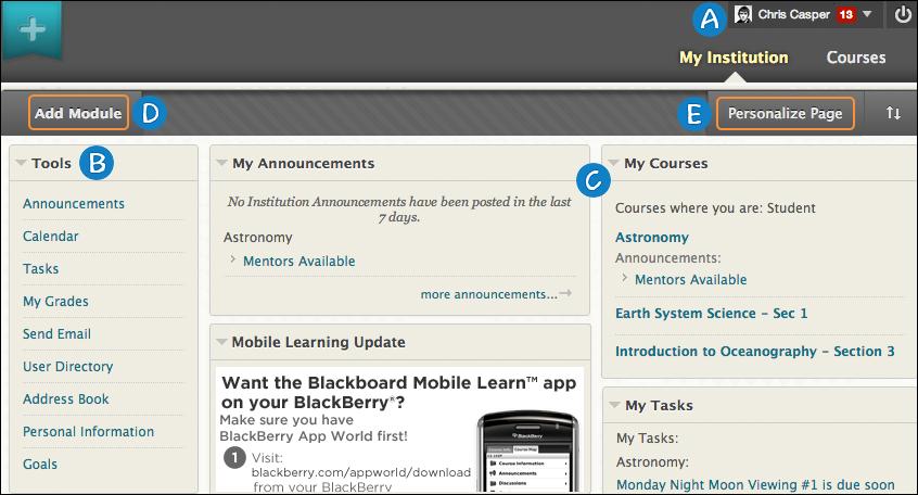 MY INSTITUTION TAB The My Institution tab is a module page that contains individual boxes called modules. Modules help users organize information and links.