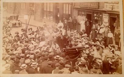 1910 1910 Sir Ernest Craig speaking in Sandbach on the Market Square a number of pictures show him talking from the back of a carriage outside some shops on the Market Square.