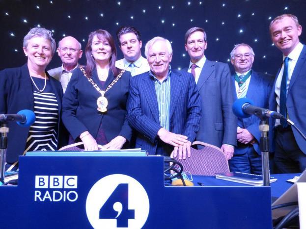for the politicians and presenter to mingle with the audience in the hall and the bar of the Town Hall after a very successful broadcast. Any Questions Panel and Cheshire East Mayor. #03.