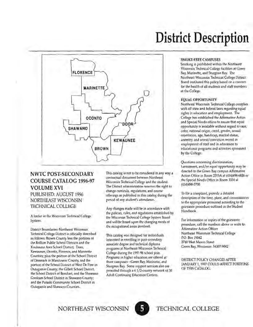 District Description FLORENCE BROWN DOOR KEWAUNEE 0 S~f OKE-FREECAMPUSES Smokmg IS prohtbitfd Wllh1n lhf Norfhfist WtSCOn>in Ttdlnical Colkgt lacd1h<> 11 Glft<I S.y. Marin<tlf, nd Sc""' " S.