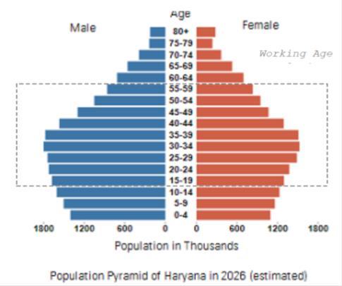 Estimated Population Pyramid of Haryana, 2026 (Estimated) It is evident from the estimated population pyramid of Haryana that by the year 2026, there will be growth in both working age population as